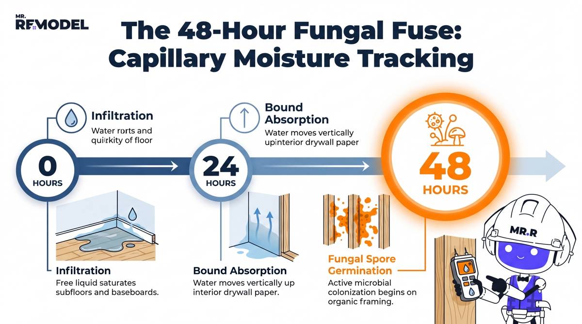 The "48-Hour Microbial Countdown" Scale: A striking timeline graphic illustrating the rapid progression of unmitigated moisture. It maps out the first hour (Saturation Phase), transitions to the 24-hour mark (Initial Spore Germination within porous plasterboard), and culminates at the 48-Hour Professional Red Line, where mold colonies actively begin multiplying on structural framing timber.
